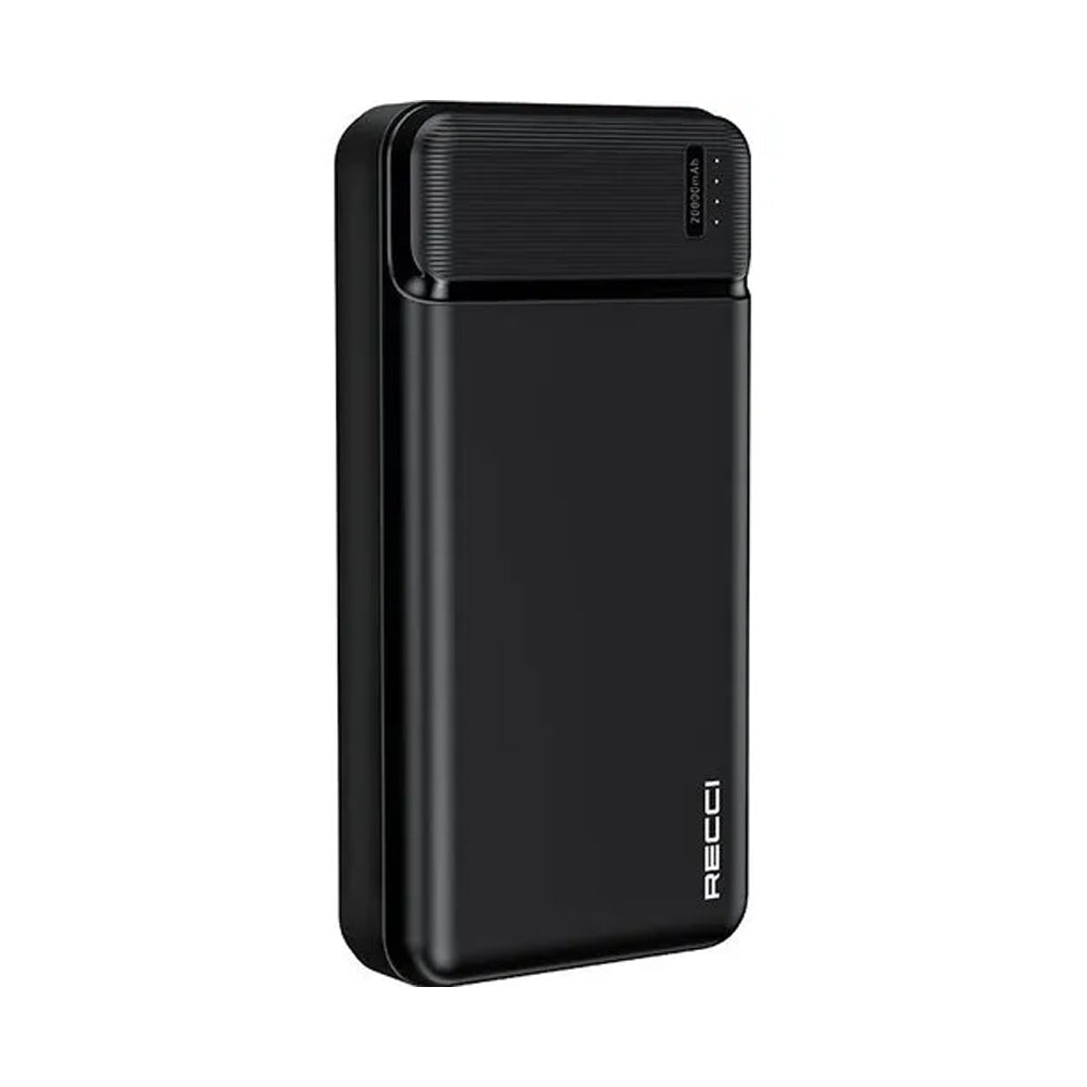 Black ultra-thin 20000mAh power bank with dual USB ports