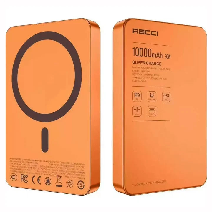 Orange magnetic wireless power bank, front and back view