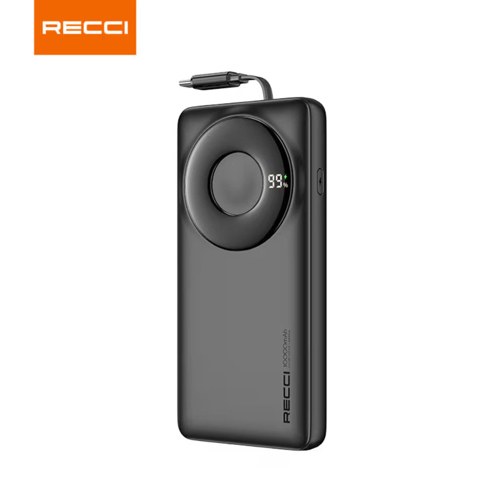 Recci 10000mAh power bank, black with retractable cable and LED % display