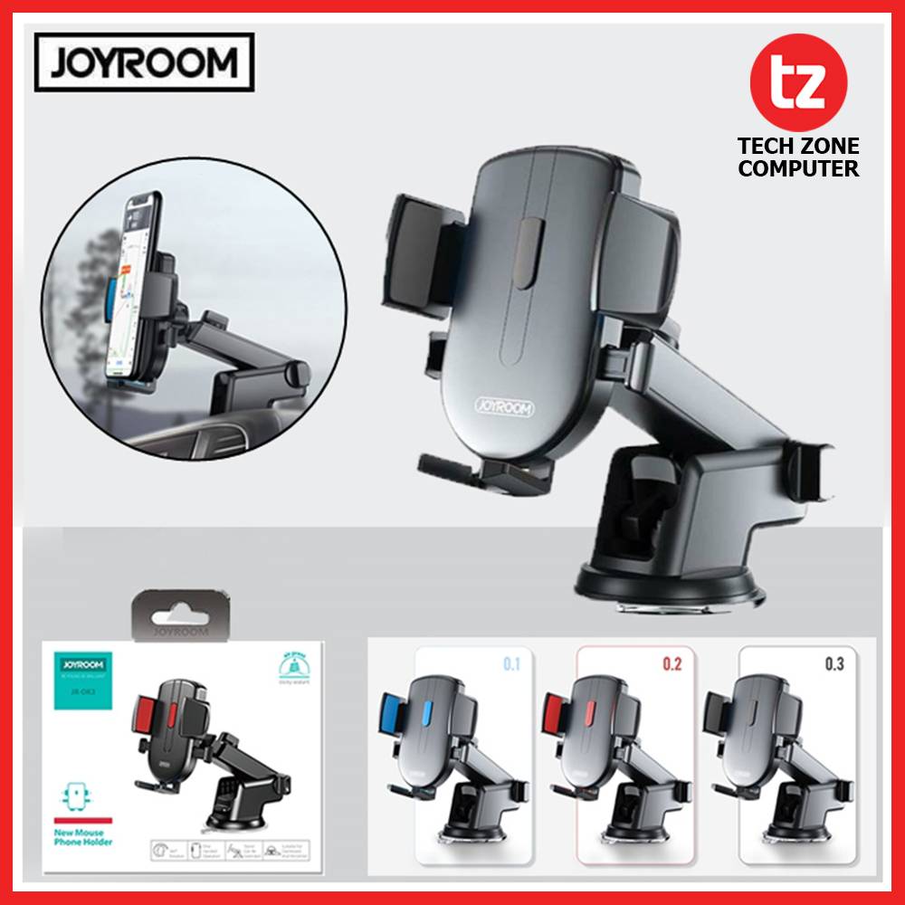 Car phone holder with adjustable arms and suction-style base, dark gray body and black clips