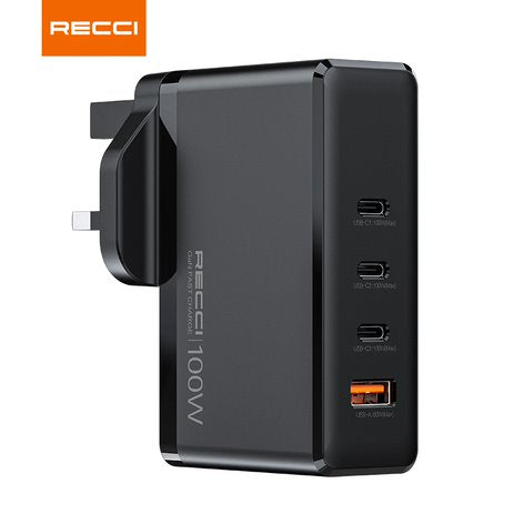 RC41 100W GaN Multi-Port Fast Charger | 3 × Type-C + 1 × USB-A - شاحن RC41 سريع بقدرة 100W مع 4 منافذ (3 × Type-C + 1 × USB-A)