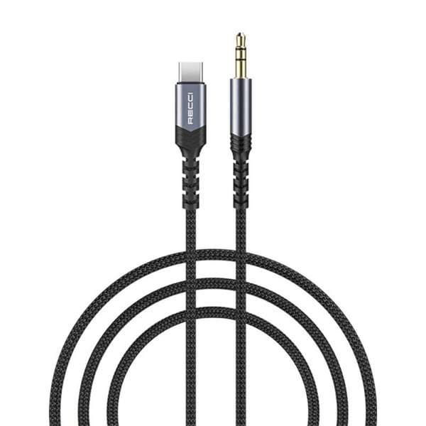 Type C to 3.5mm AUX audio cable with braided black design, gold 3.5mm connector.