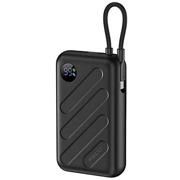 Black 10000mAh power bank with LED display, dual PD ports on side, carry handle