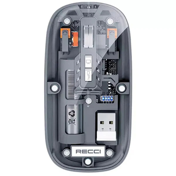 Gray wireless mouse underside diagram with scroll wheel and USB receiver shown
