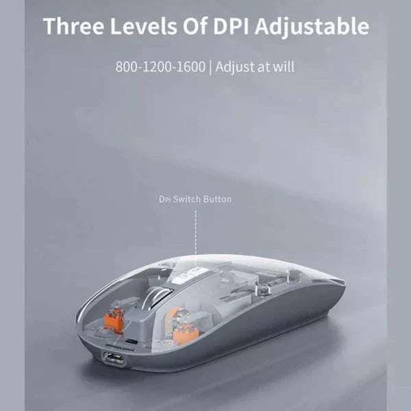 Gray wireless mouse closed with visible DPI adjustment text and switches