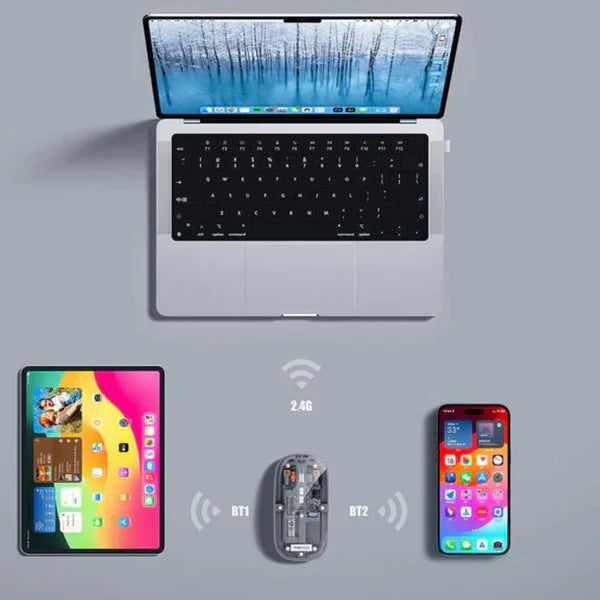 Gray wireless mouse connected to laptop and phones via 2.4G and Bluetooth icons