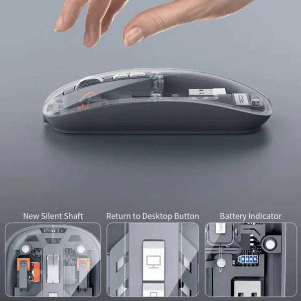 Gray wireless mouse side view, top shell closed; hand hovering above the mouse