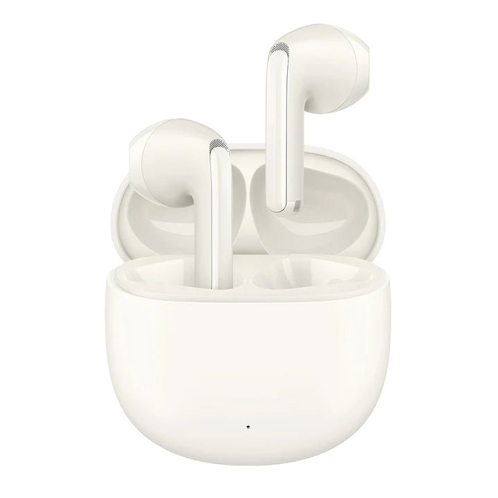 White wireless earbuds charging case with two earbuds upright