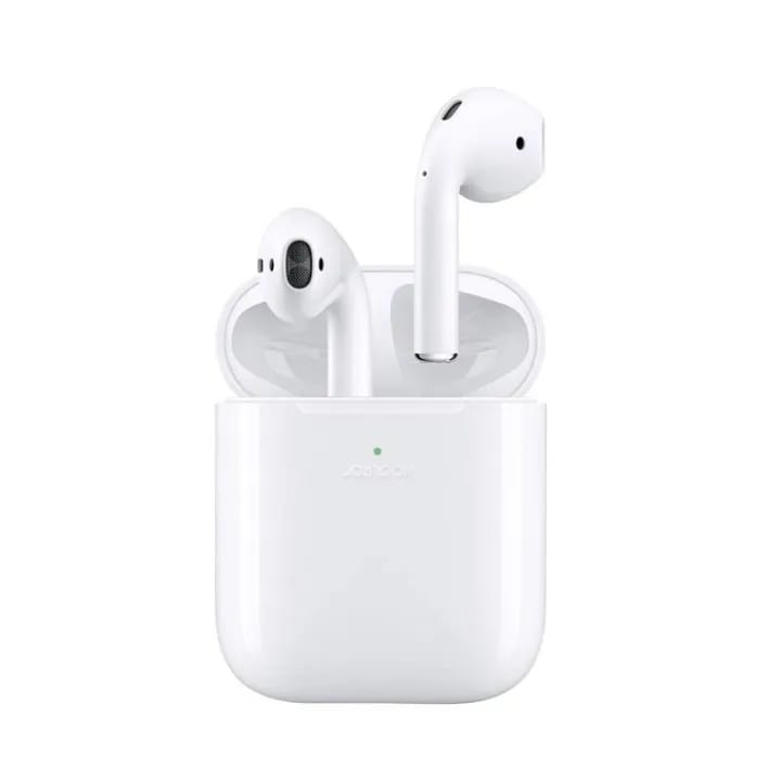 White true wireless earbuds in charging case, one earbud showing speaker grille