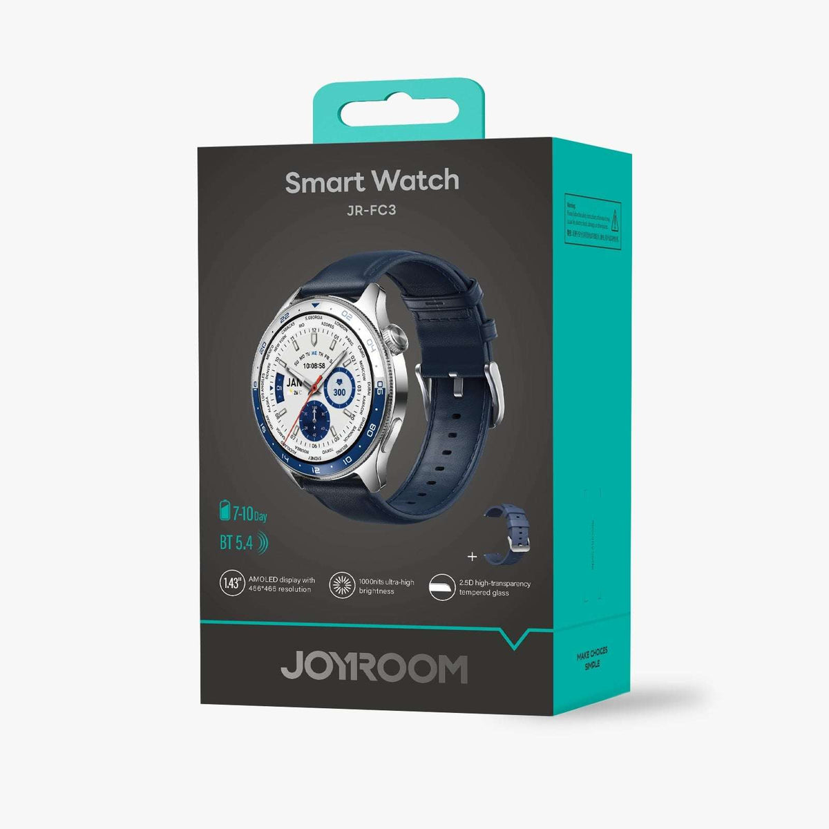 Smart watch retail box with teal and black design, showing a dark blue watch