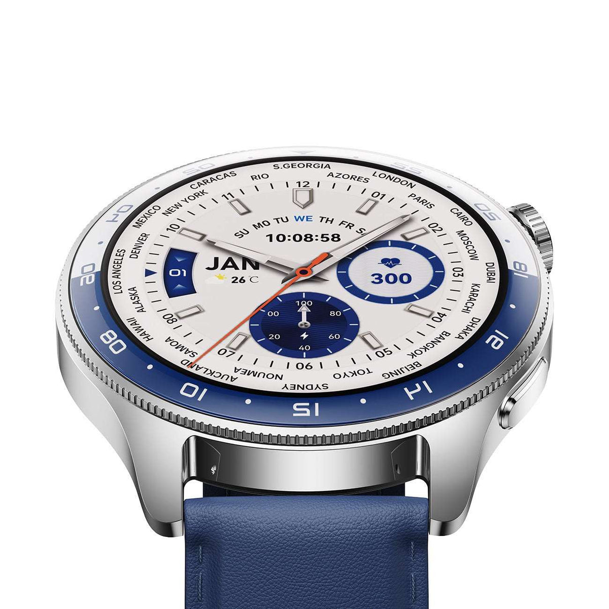 Joyroom classic smart watch with silver case and blue leather-look strap, blue display
