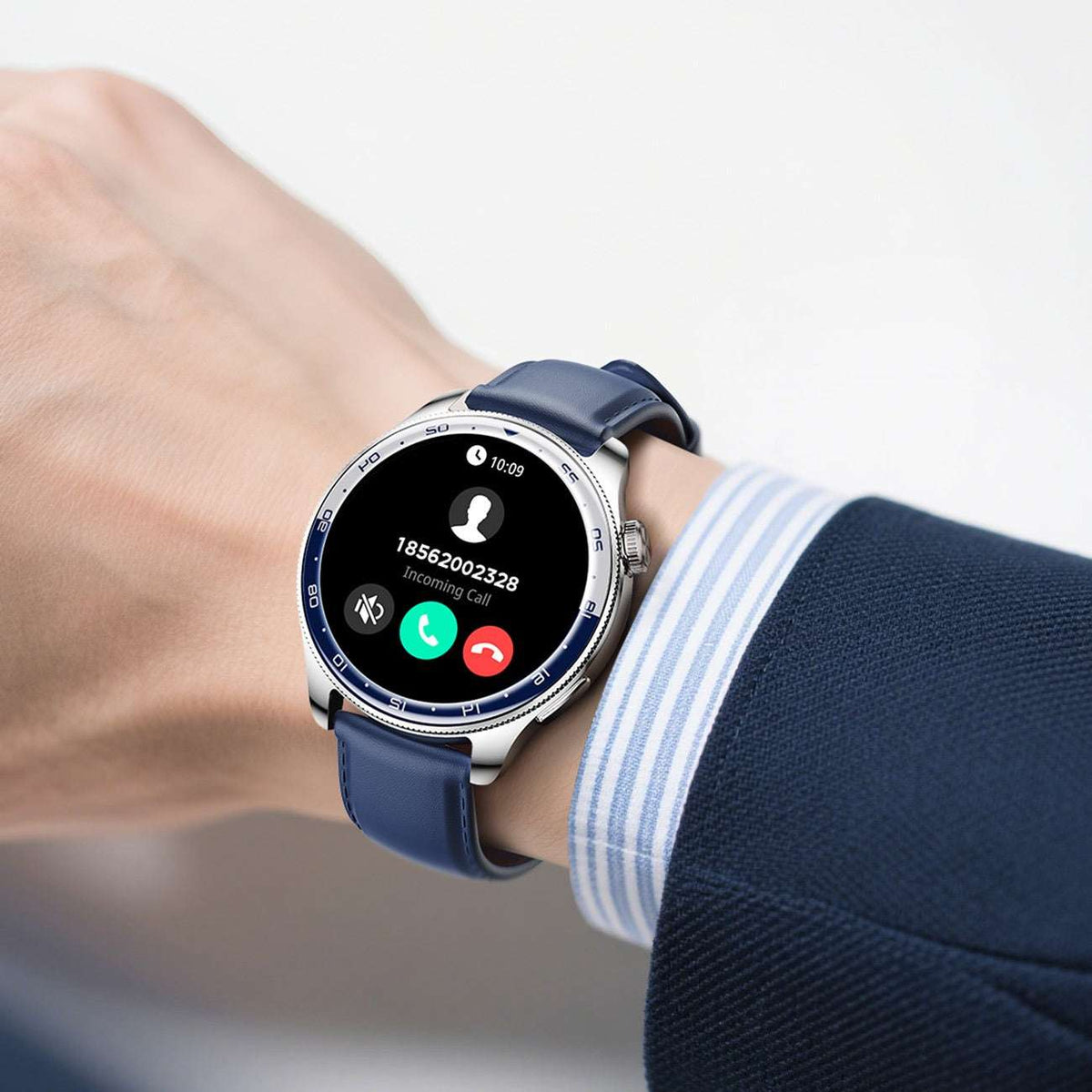 Smart watch on wrist with dark blue strap, black screen with call and app icons