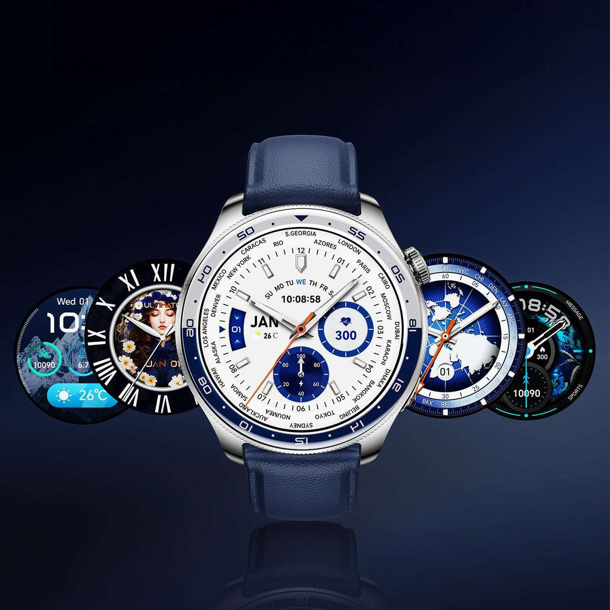 Joyroom JR-FC3 smart watch with blue strap and white face, plus smaller watch faces