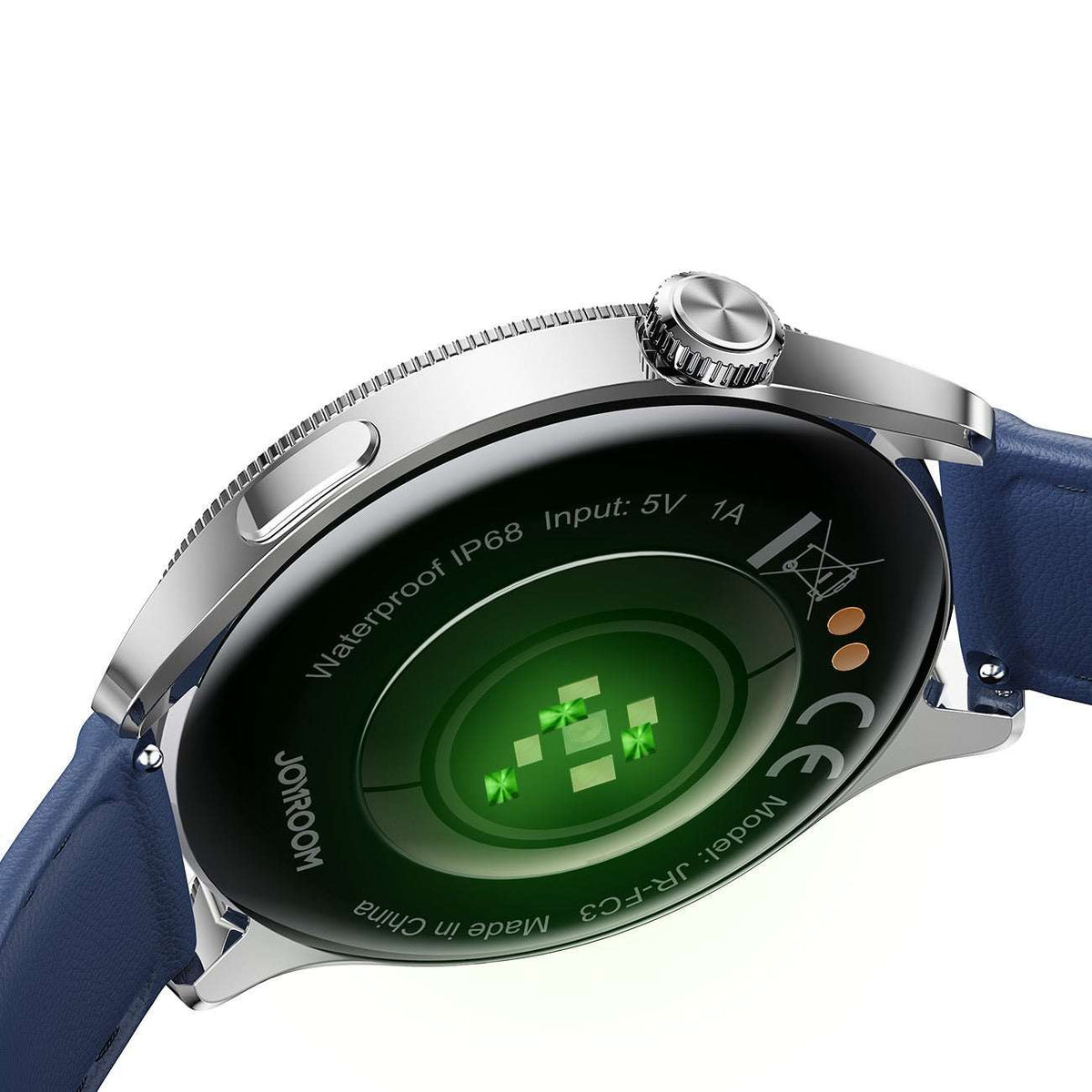 Joyroom JR-FC3 smart watch with blue leather strap and dark oval display face close-up