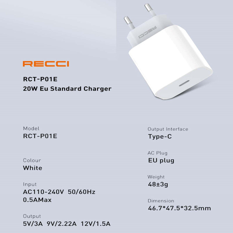 Recci RTC-P01E 20W PD Wall Charger