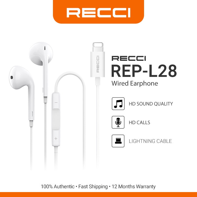 RECCI REP-L28 HD SOUND WIRED EARPHONE (LIGHTNING) - WHITE
