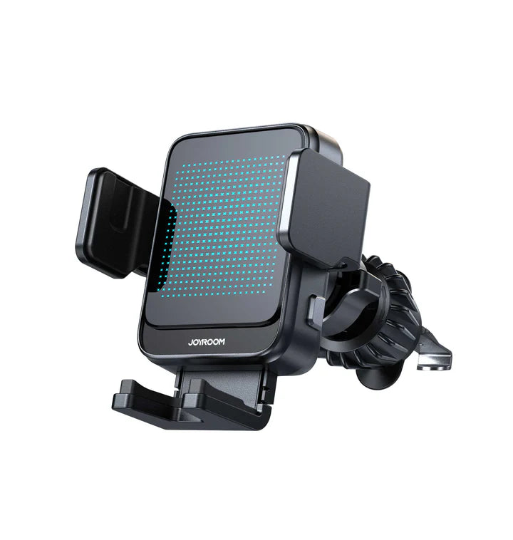 Wireless car charger holder with air vent clip, dark housing, LED gradient light grid
