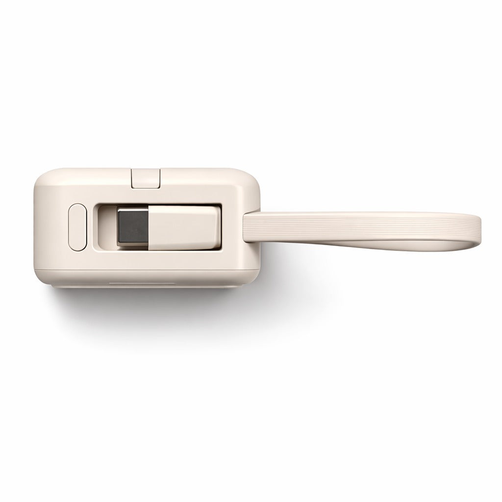Recci power bank showing front port and built-in cable connector, beige