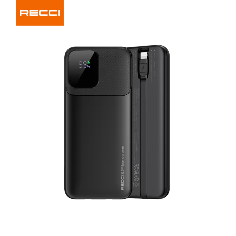 Recci power bank with built-in cable, black, LCD charge display