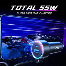 Car charger with blue-lit 55W ring and Type-C output, wired plug