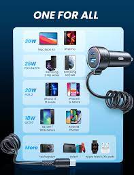 Car charger with Type-C ring, 3-in-1 output icons, coiled cord