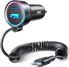 Black car charger with Type-C and USB ports, circular LED ring, coiled cord