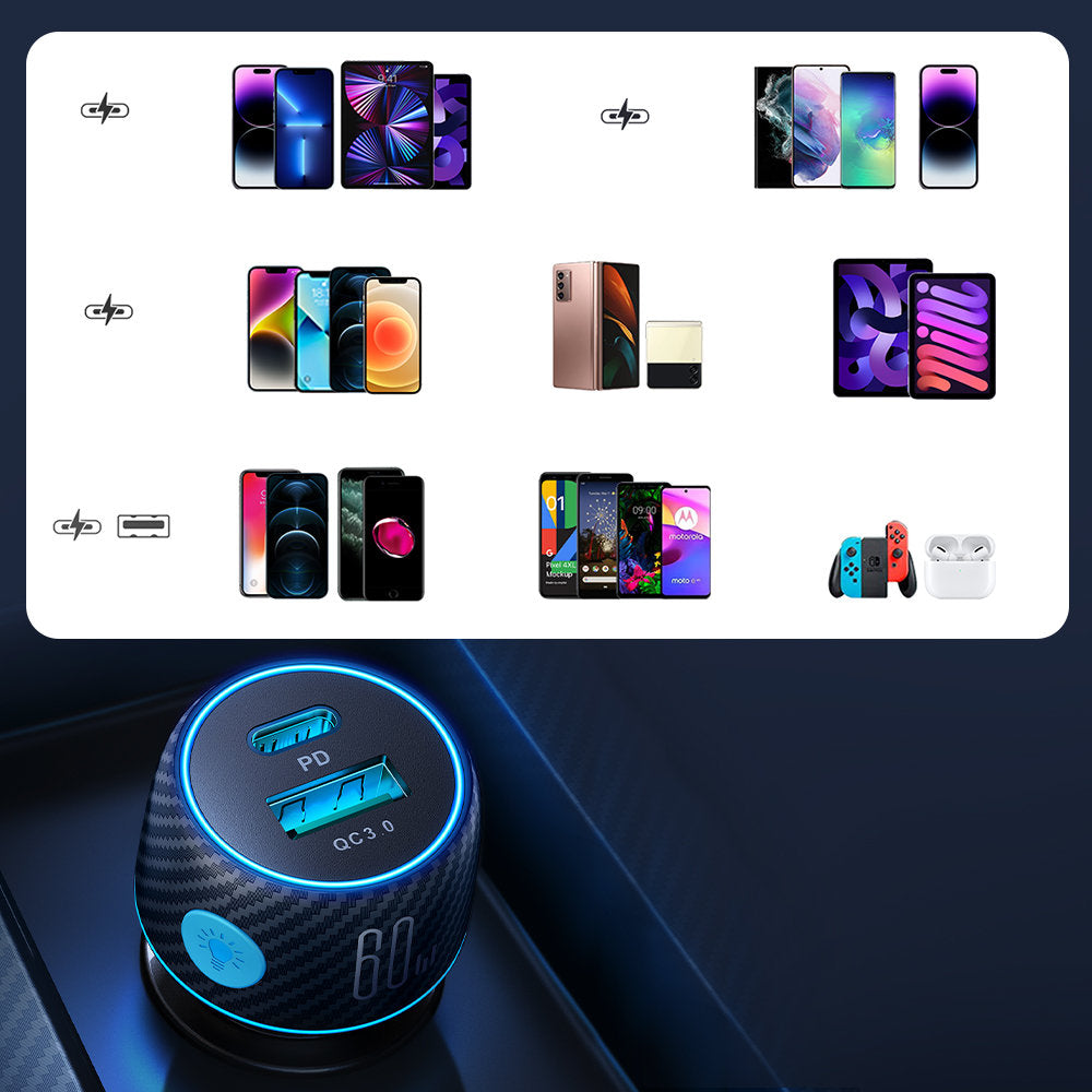 JOYROOM JR-CCN01 60W USB+USB-C / Type-C Multi-color Car Charger with Light Button(Black)