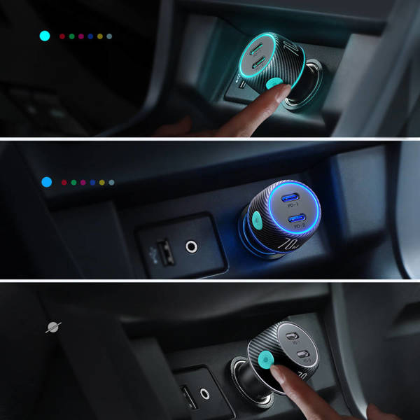 Car charger 2x USB C 70W with LED backlight Joyroom JR-CCN02 - black شاحن سيارة جوي روم