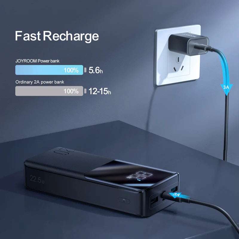 Black power bank connected to a wall adapter via USB cable