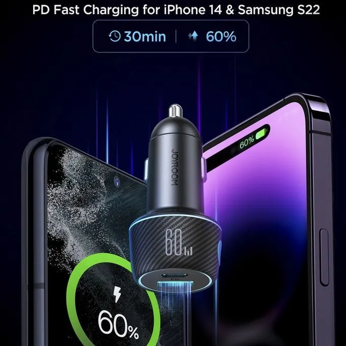 JOYROOM JR-CCN01 60W USB+USB-C / Type-C Multi-color Car Charger with Light Button(Black)