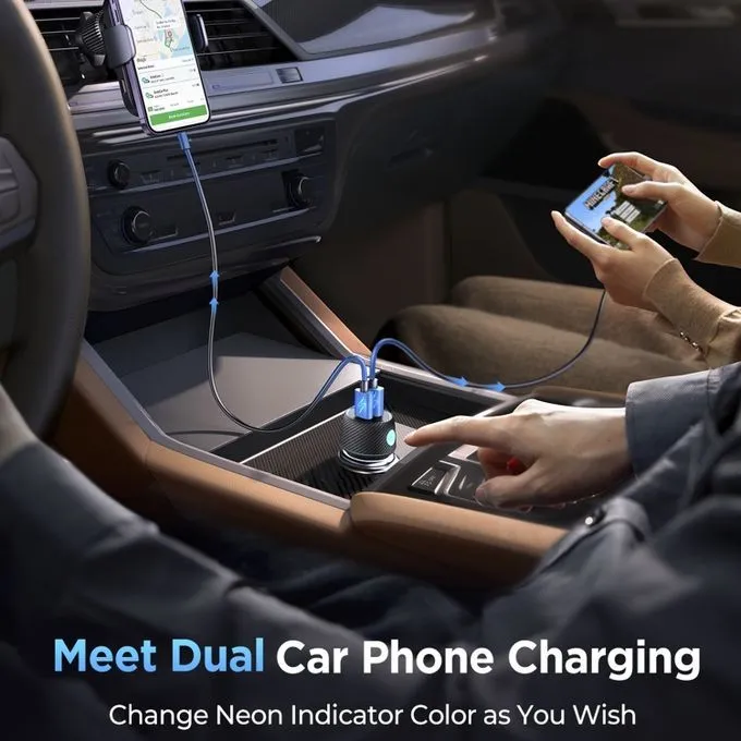 JOYROOM JR-CCN01 60W USB+USB-C / Type-C Multi-color Car Charger with Light Button(Black)