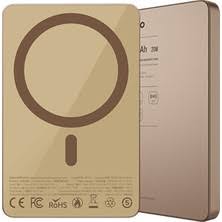 Gold magnetic wireless power bank with circular magnetic charging area and vent slot
