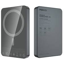 Dark gray magnetic wireless power bank, front and back view