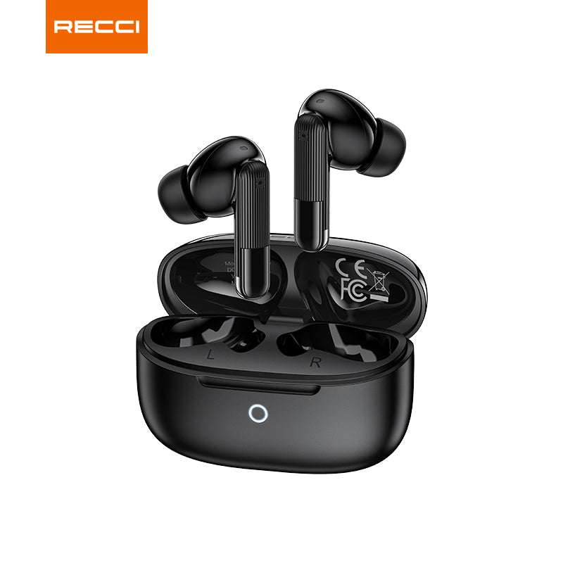 Black true wireless earbuds with open charging case, earbuds raised