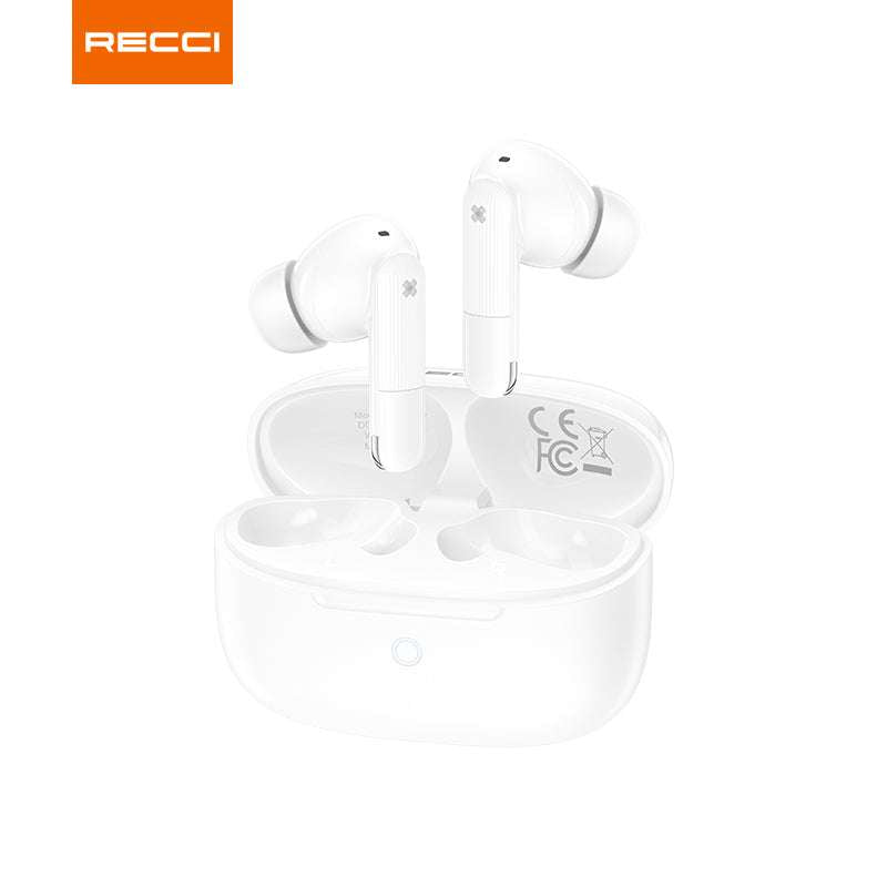 White true wireless earbuds with open charging case, earbuds raised