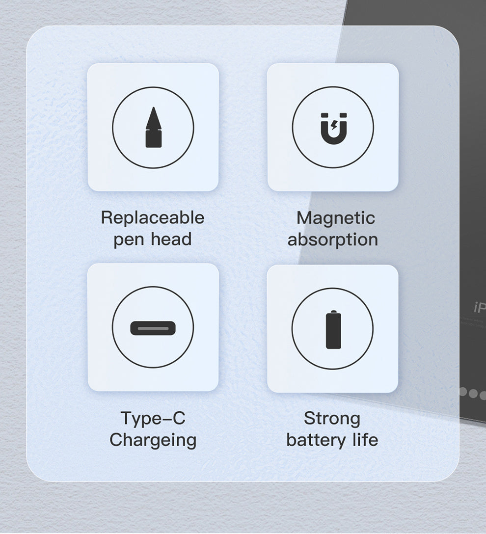 Screen touch pen feature icons: replaceable head and Type-C charging shown