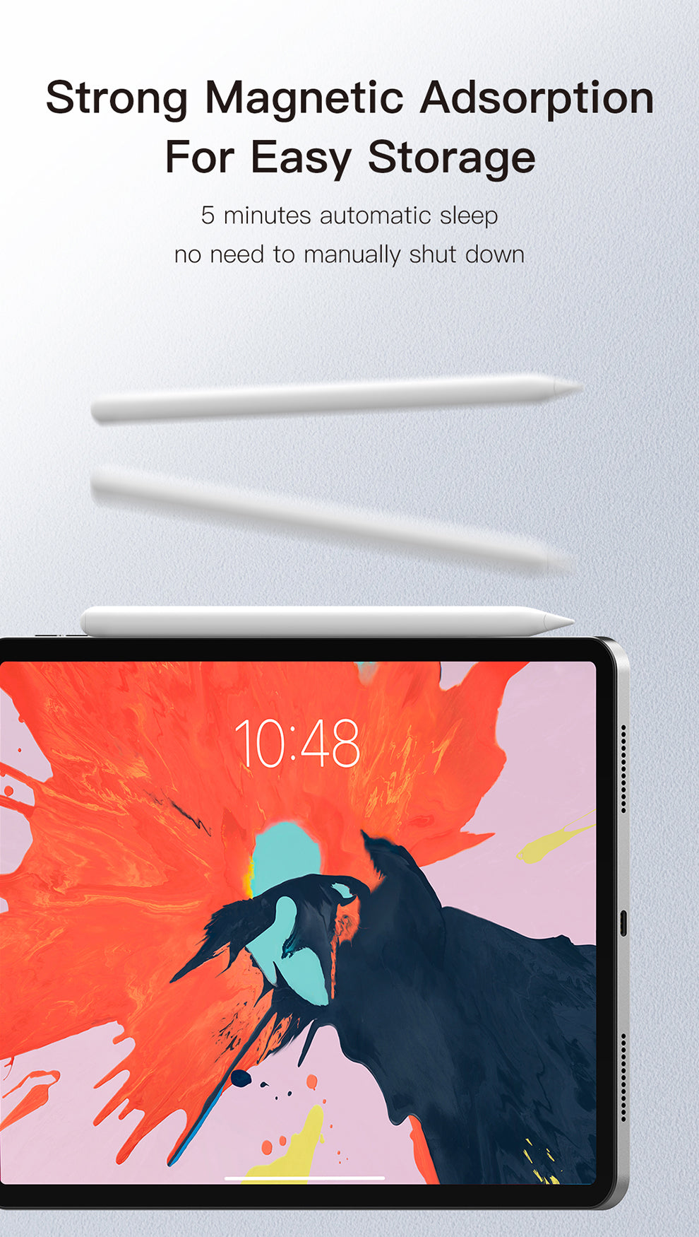 White screen touch pen with magnetic storage positioning above a tablet