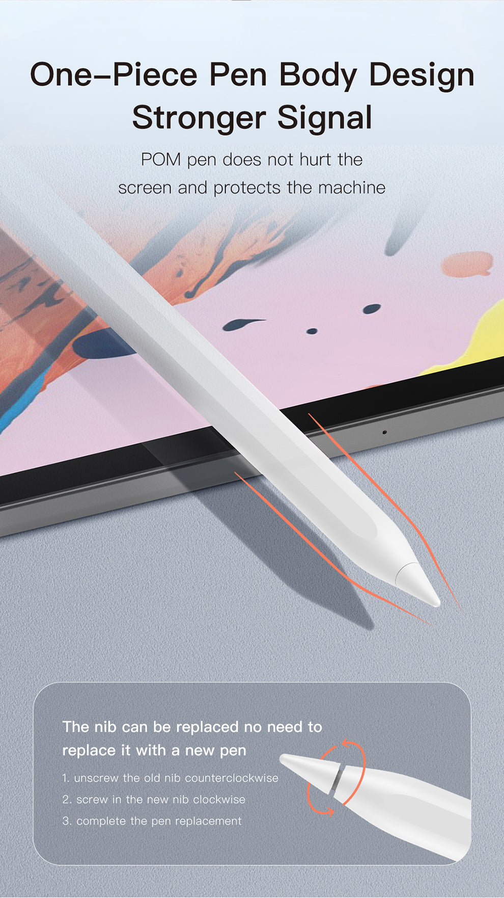 White screen touch pen angled across a tablet screen for writing and tapping