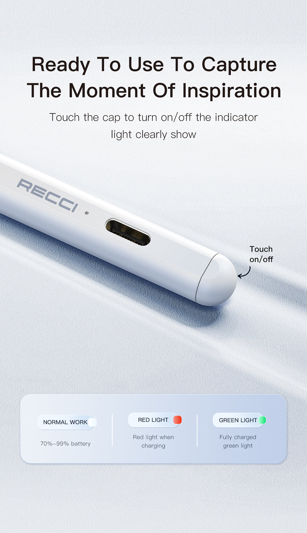 White screen touch pen showing Type-C charging port on the body