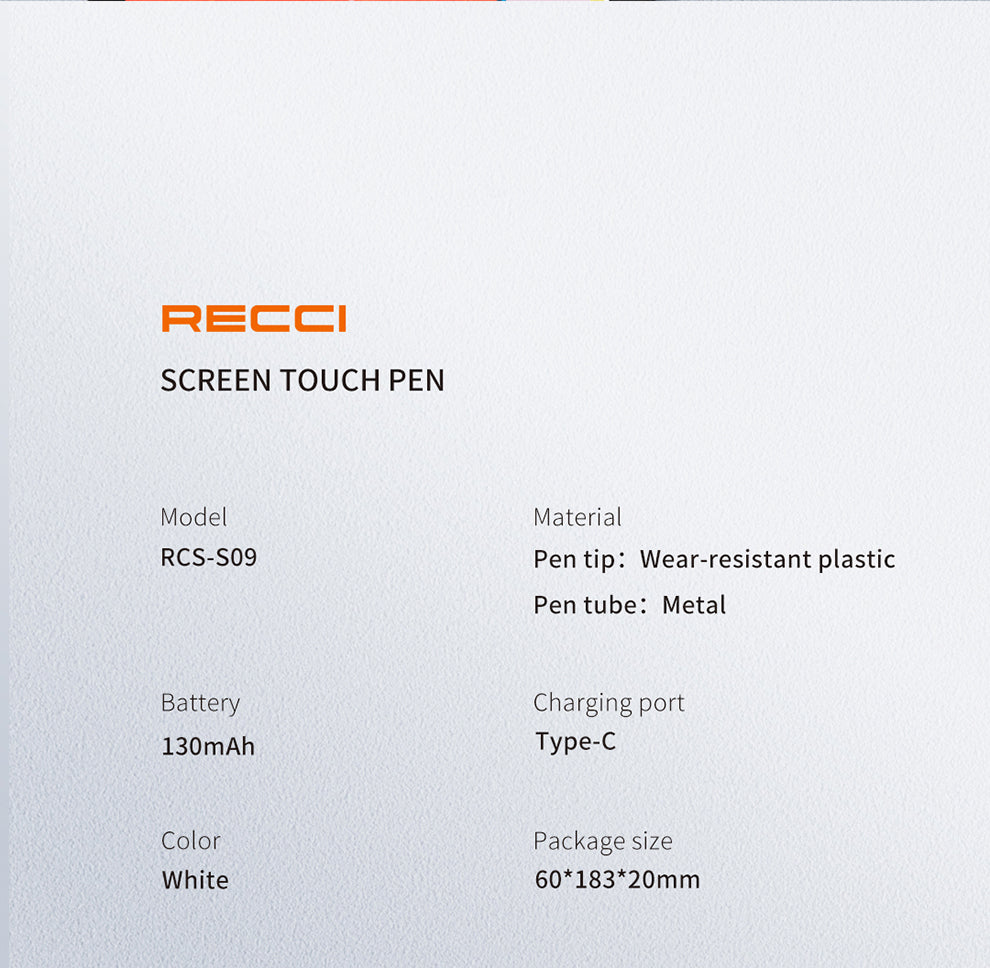 White screen touch pen specs card for model RCS-S09 with Type-C charging