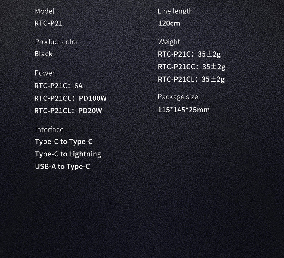 RTC-P21CC (100W) Type-C to Lightning Cable | 20W PD Fast Charging - كابل RTC-P21CC (100W) تايب-سي إلى Lightning | شحن سريع PD 20W