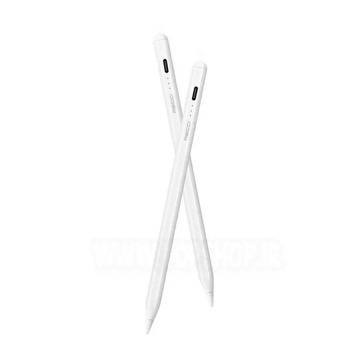 Pair of white magnetic stylus pens with tips facing down