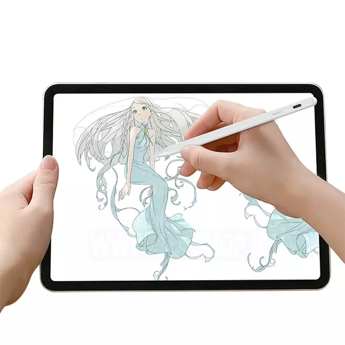 White stylus pen in hand used to draw on tablet screen