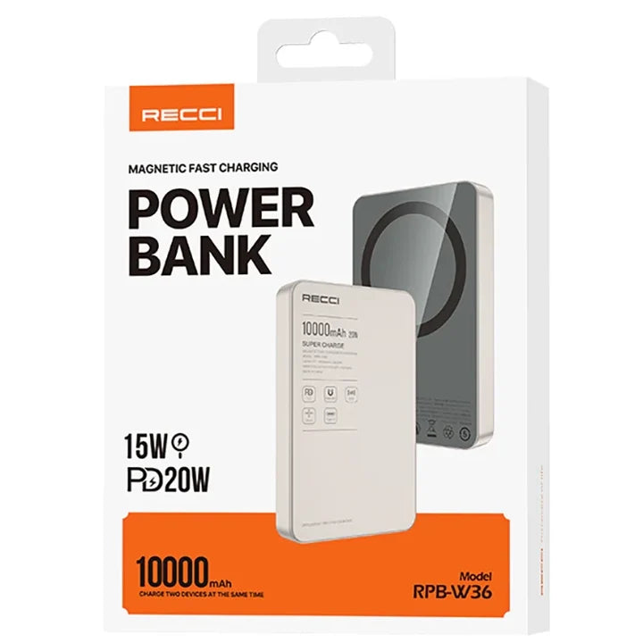 Gray magnetic power bank with wireless charging, retail box packaging