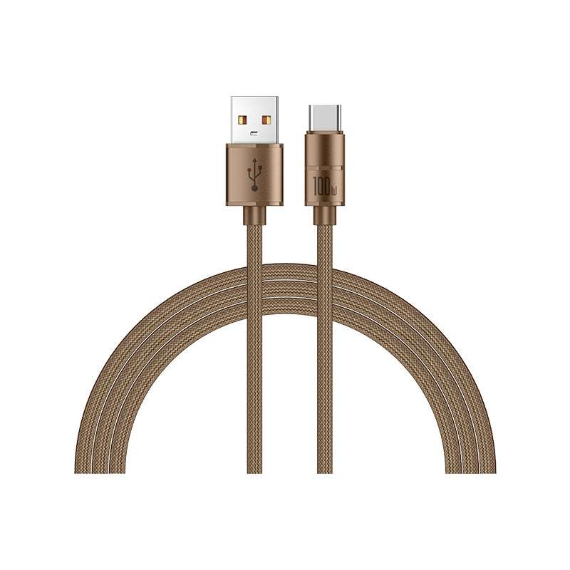 Brown braided USB-A to USB-C charging cable with 100W connector ends