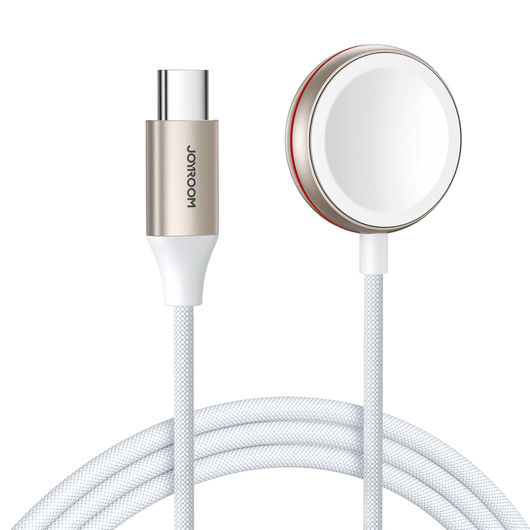 White iWatch magnetic charging cable with USB-C connector, braided cord, 1.2m