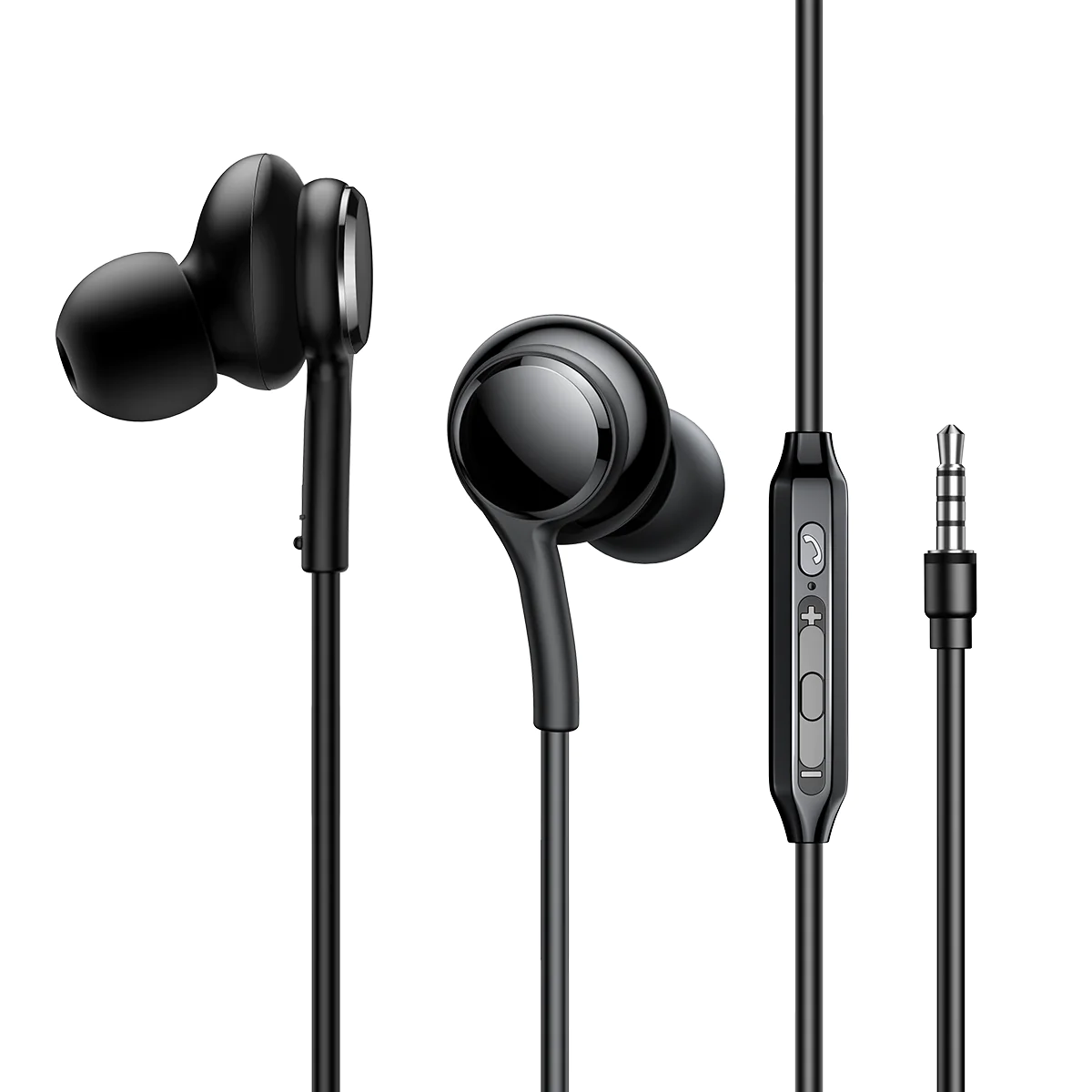 Black wired in-ear earbuds with in-line remote and 3.5mm plug
