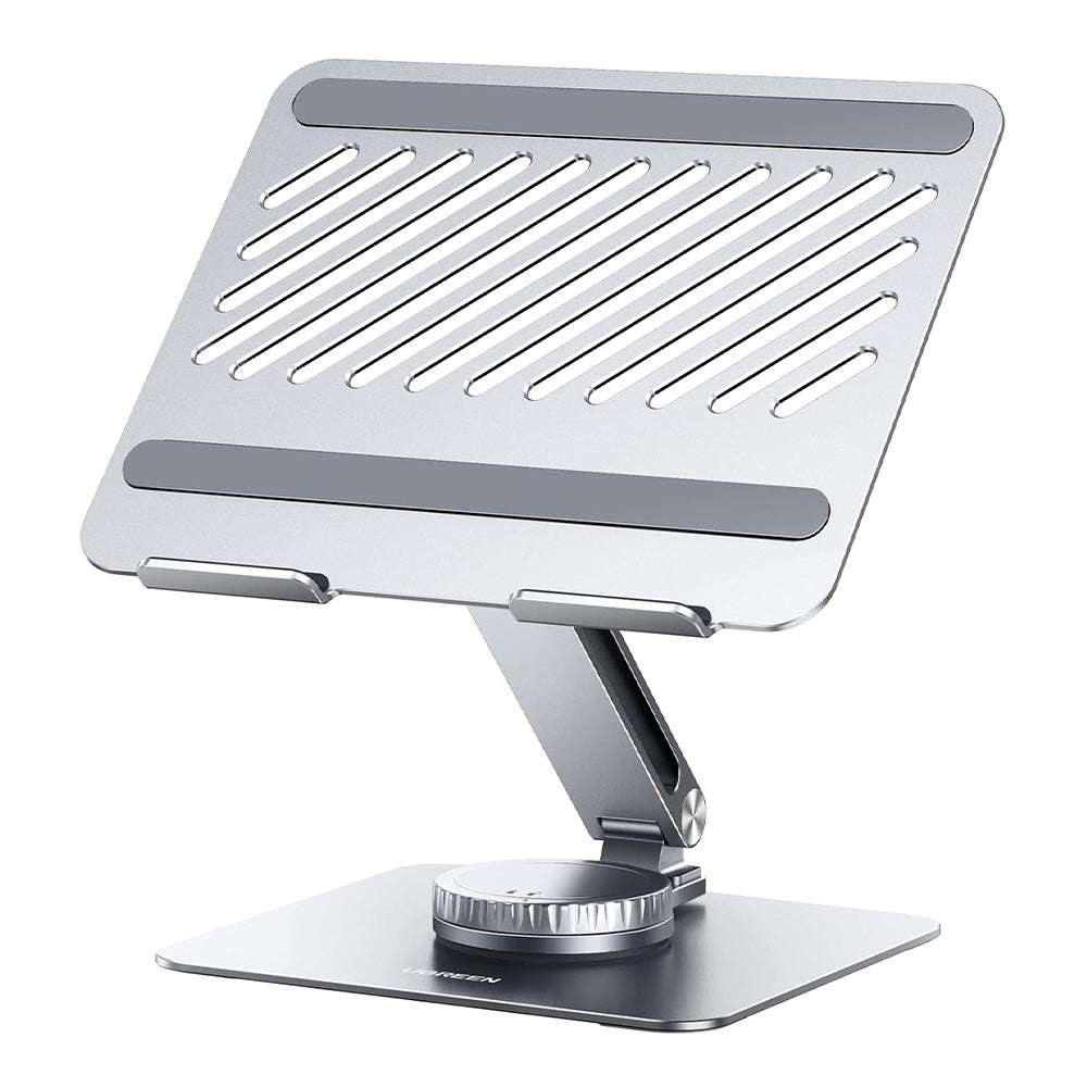 MultiAngle tablet stand, silver slotted platform with clamp arms and round base