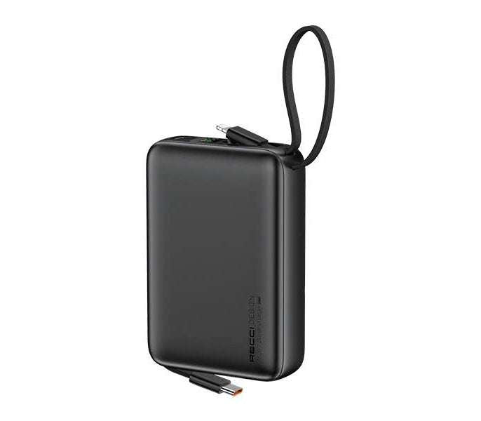 Recci power bank, black portable charger with attached lanyard and USB-C port