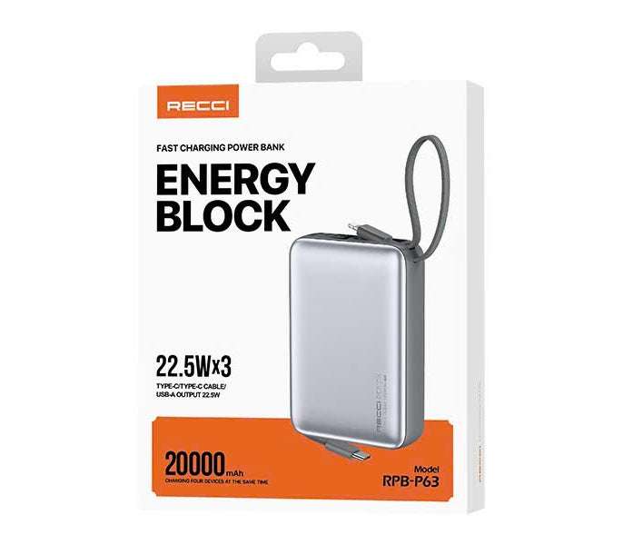 Recci RPB-P63 20000mAh Power Bank – 22.5W Fast Charging with Type-C & Lightning